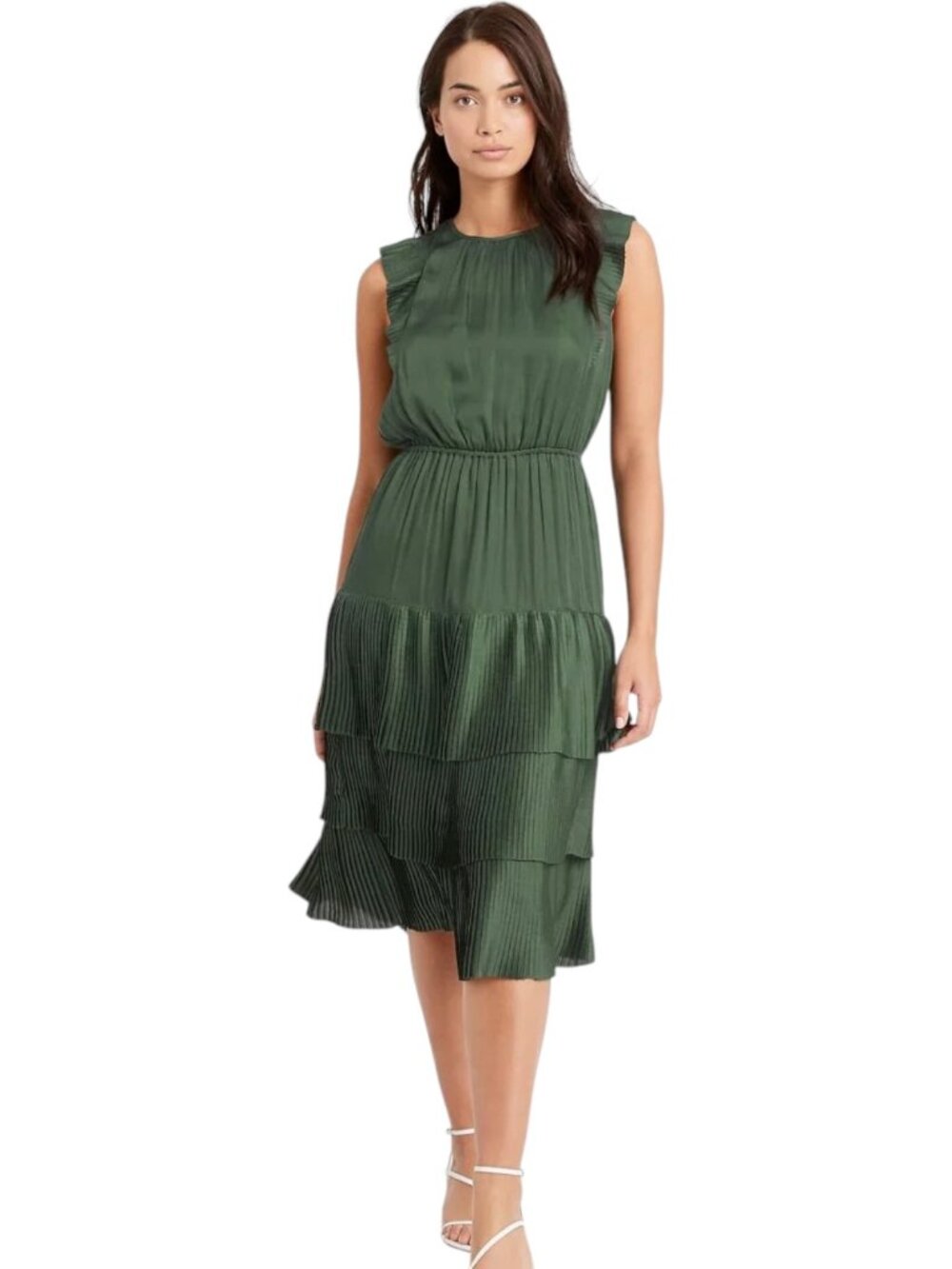 Banana Republic Green Pleated Tiered Midi Dress Size 4 Ruffle Satin